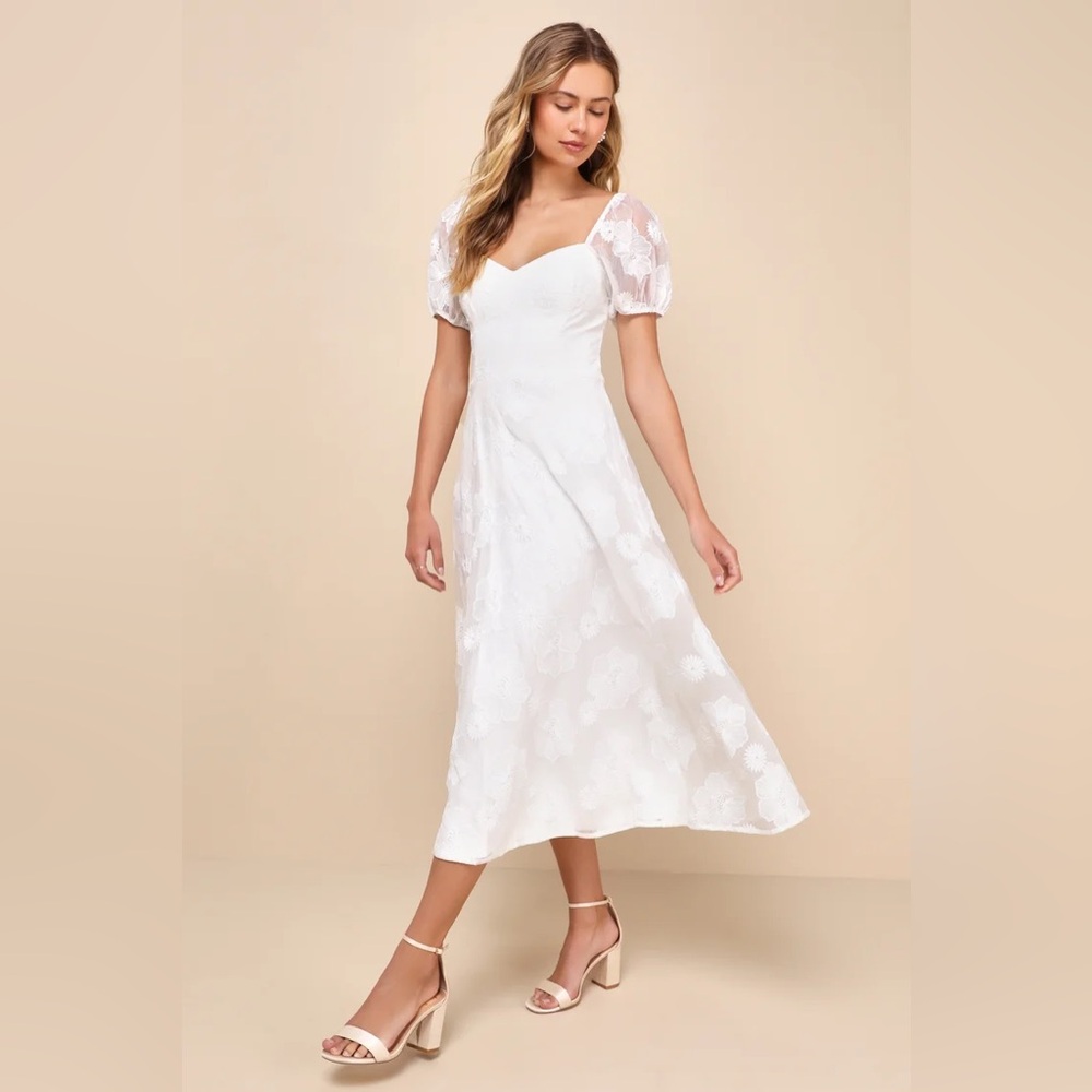 Lulu’s Sweetest Behavior White Embroidered Puff Sleeve Midi Dress